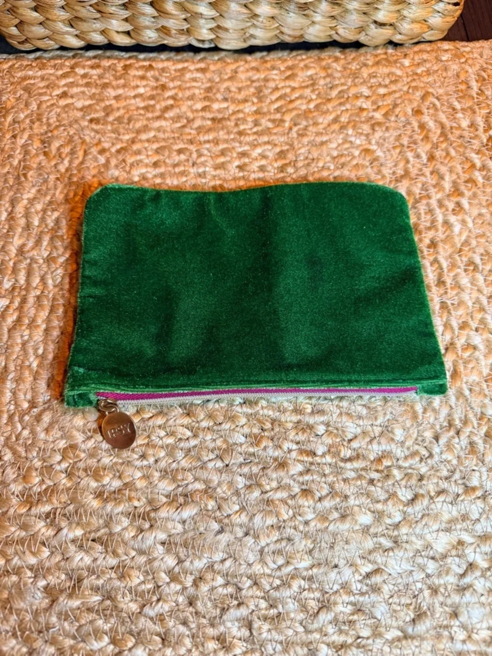 ipsy Green Velvet Makeup Pouch with Gold Charm and Maroon interior